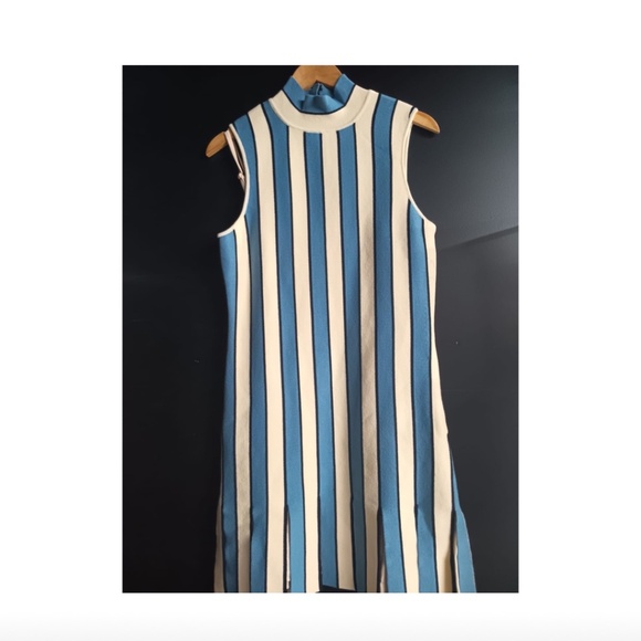 Anthropologie Eva Franco Blue Stripe Cotton Sleeveless Mock Neck Mini Dress - Picture 6 of 8